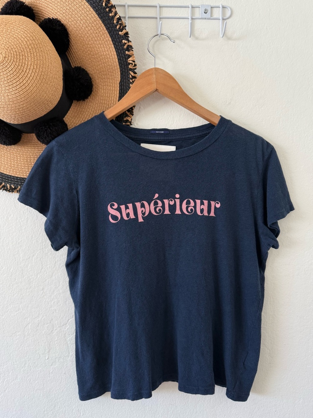 MOTHER SUPERIOR Sinful Tee Navy Blue Linen Cotton Short Sleeve Graphic Tee Small - Picture 6 of 16